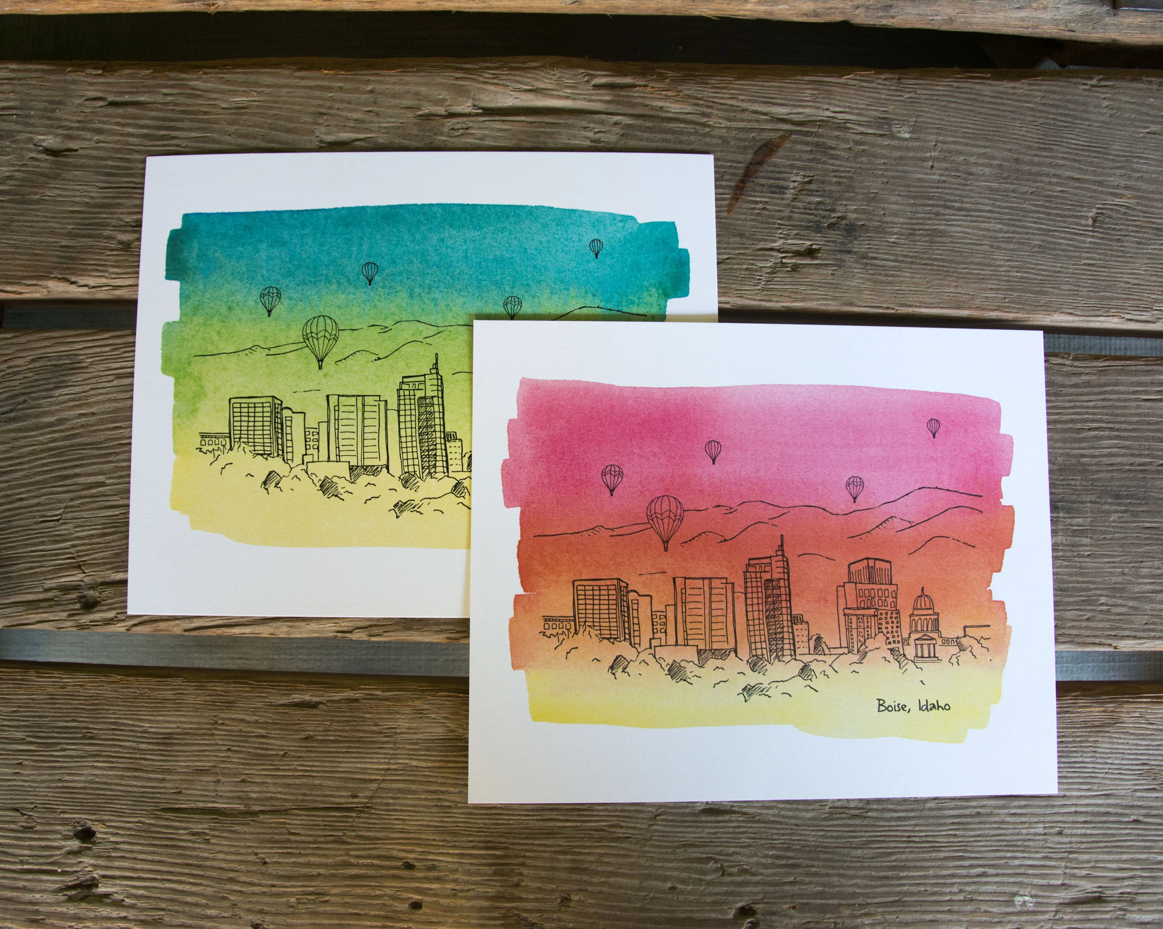 8x10 Boise Skyline Letterpress   Water Color Wash art print,  eco friendly