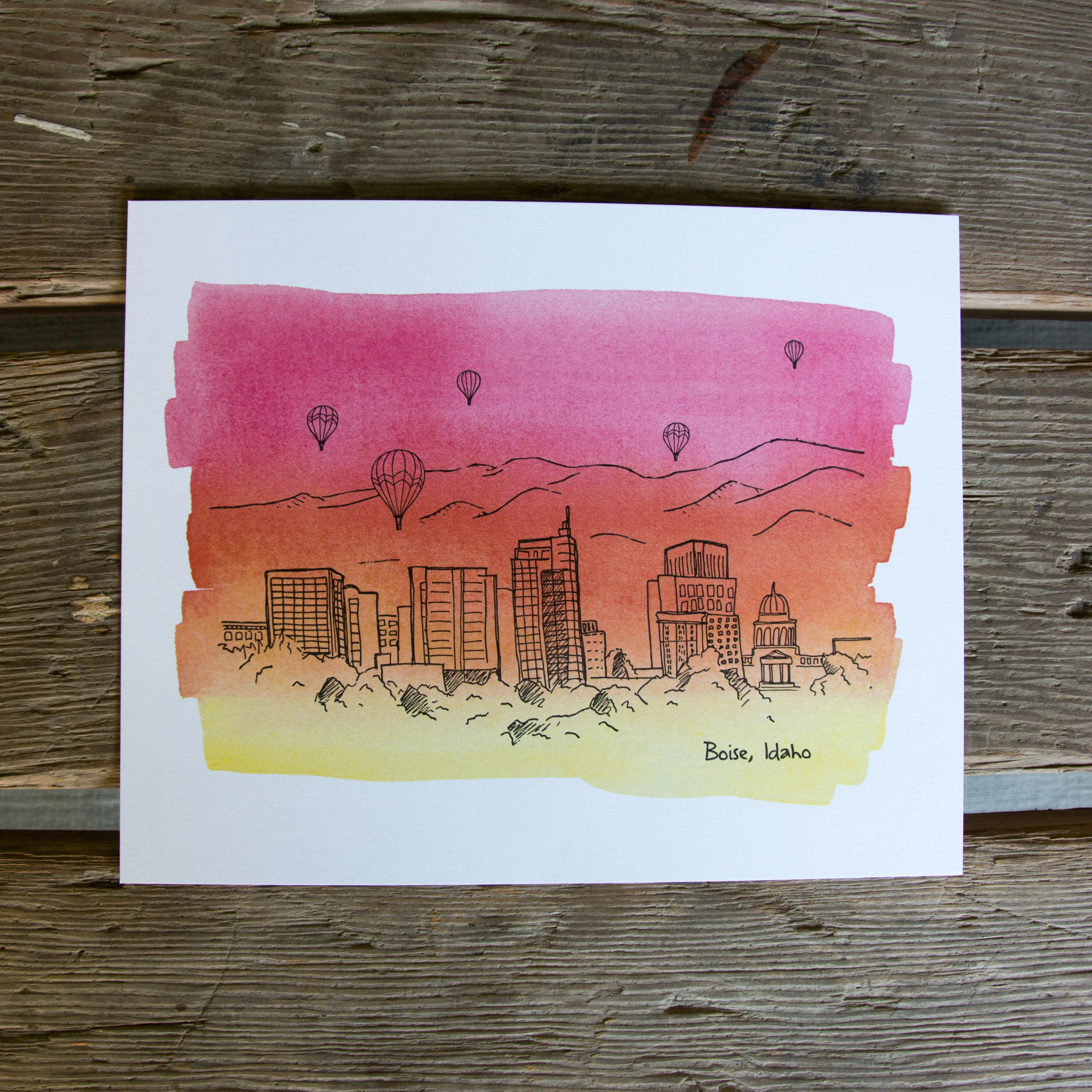 8x10 Boise Skyline Letterpress   Water Color Wash art print,  eco friendly