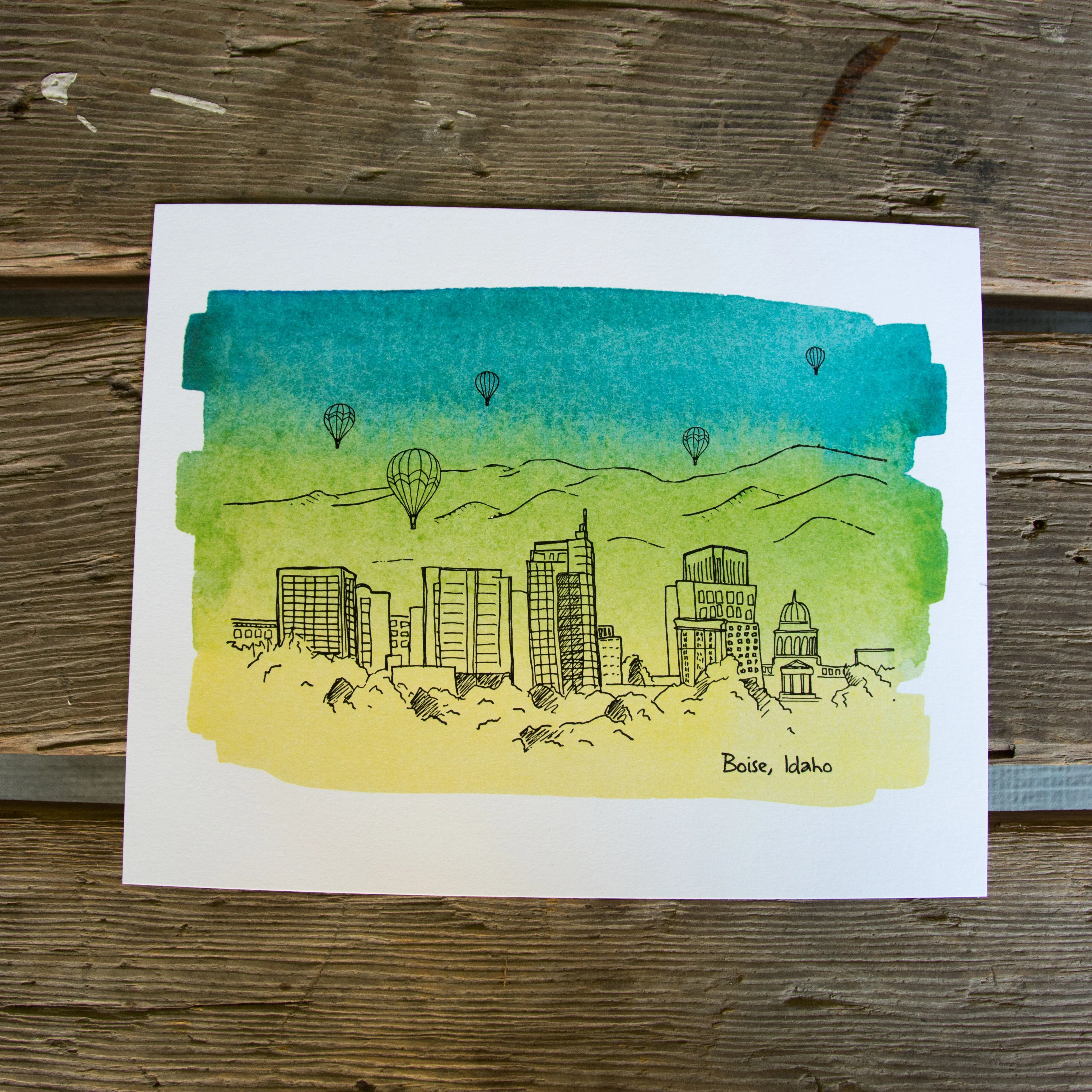 8x10 Boise Skyline Letterpress   Water Color Wash art print,  eco friendly