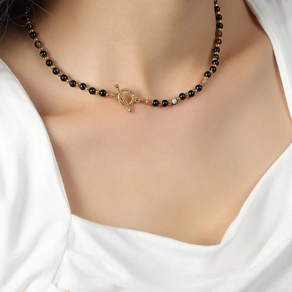Exquisite Handcrafted Black Agate Necklace with Elegant OT Buckle
