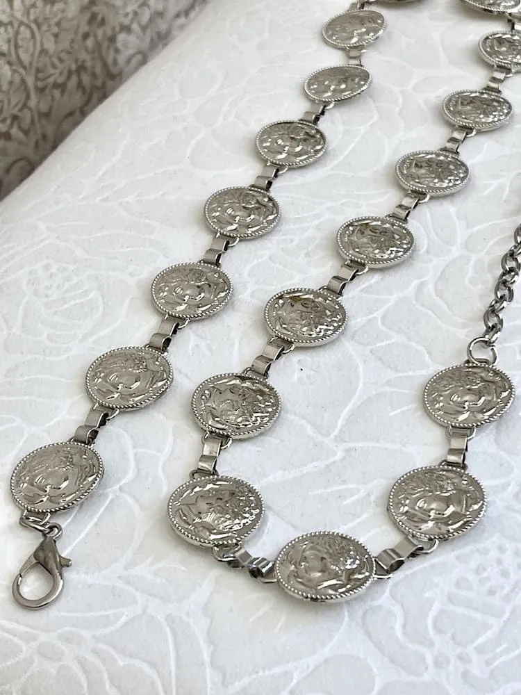 Historically Inspired Renaissance and Medieval Classical Cameo Coin Belt in Silver