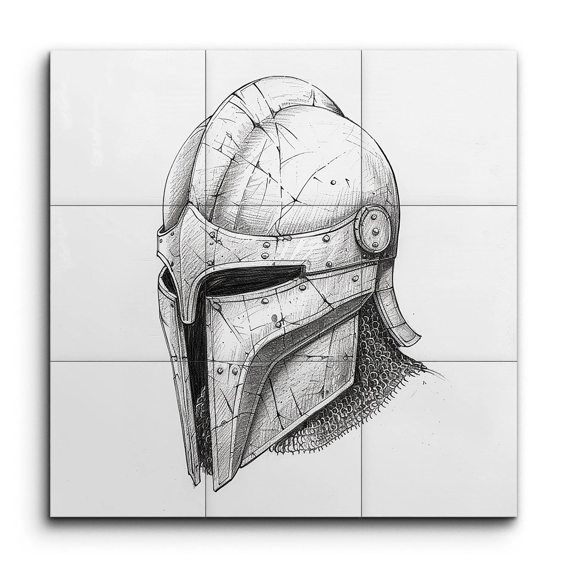 Medieval Helmet Ink Drawing: Battle-Worn Elegance