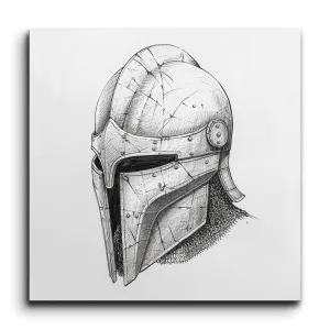 Medieval Helmet Ink Drawing: Battle-Worn Elegance