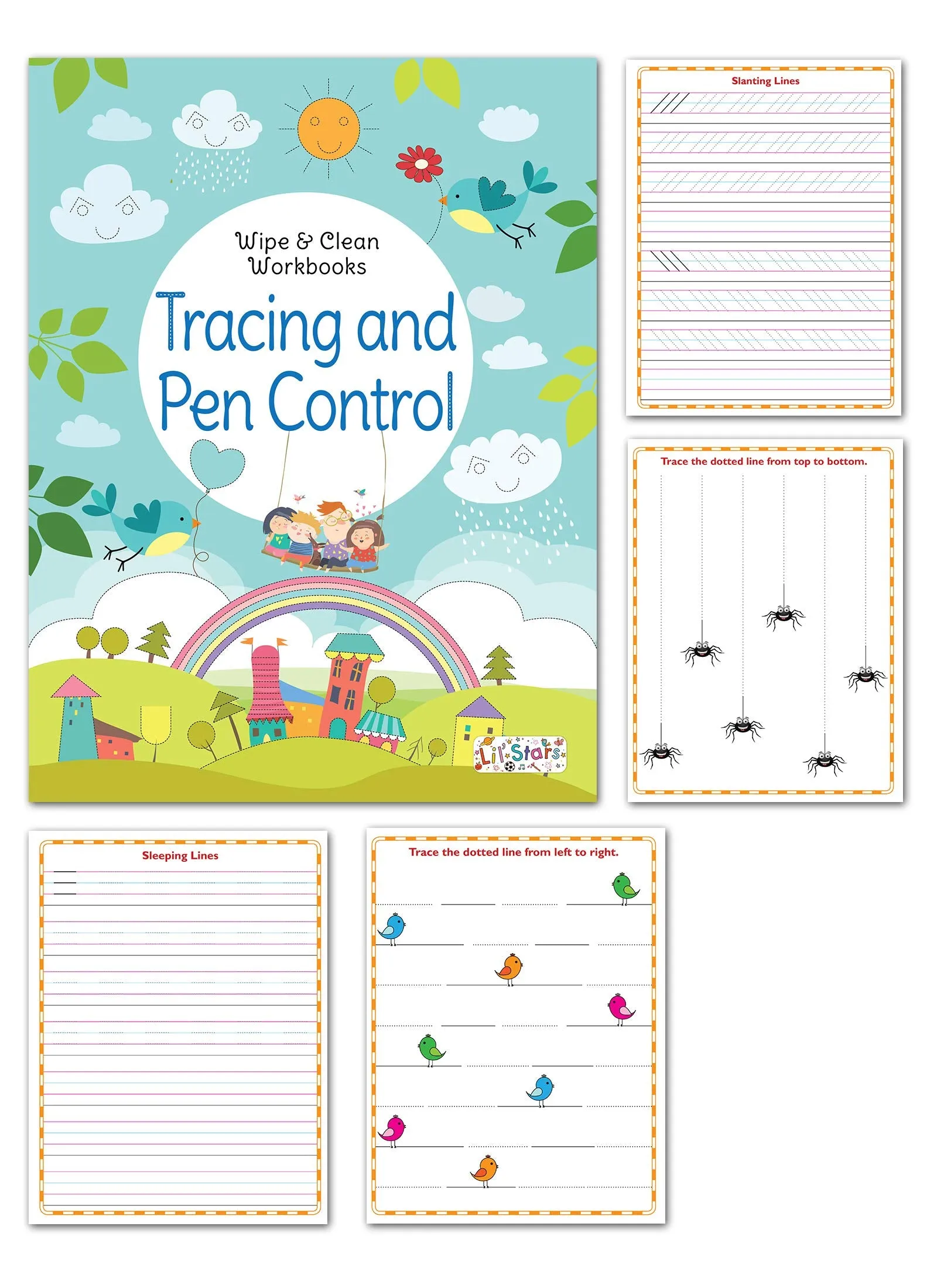 Pegasus Reusable Washable Wipe & Clean Books with Free Pens Set of 6 for Kids (Animal & Birds, Lowercase Alphabet, Numbers 1-10, Things that Move, Tracing & Pen Control and Uppercase Alphabet)
