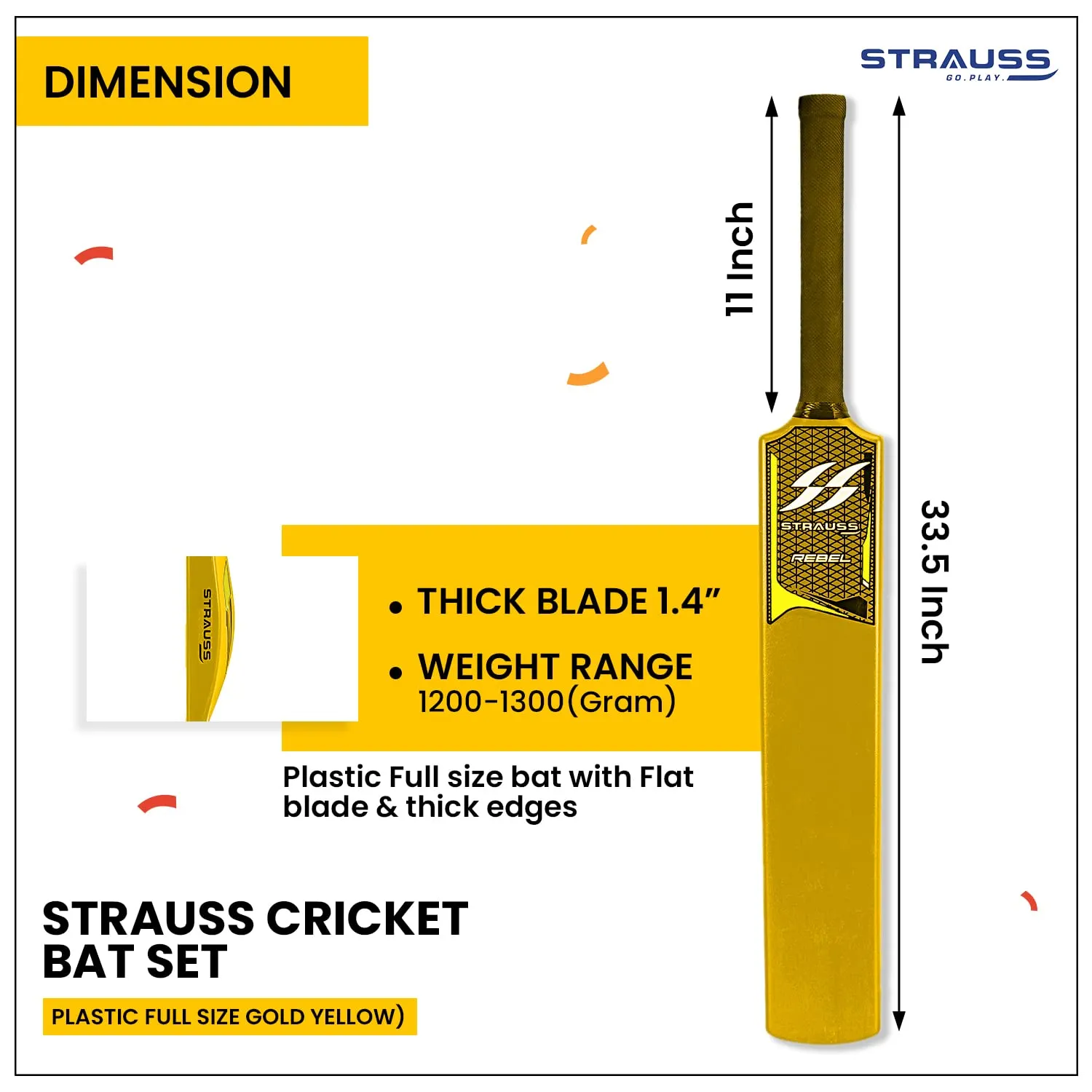 Strauss Cricket Combo Kit Set | Plastic/PVC Cricket Kit Set | Full Size | 1 Bat   1 Ball   3 Stumps   2 Bails   1 Base | Color: Golden Yellow | For All Age Groups | Tennis & Synthetic Ball Cricket Kit