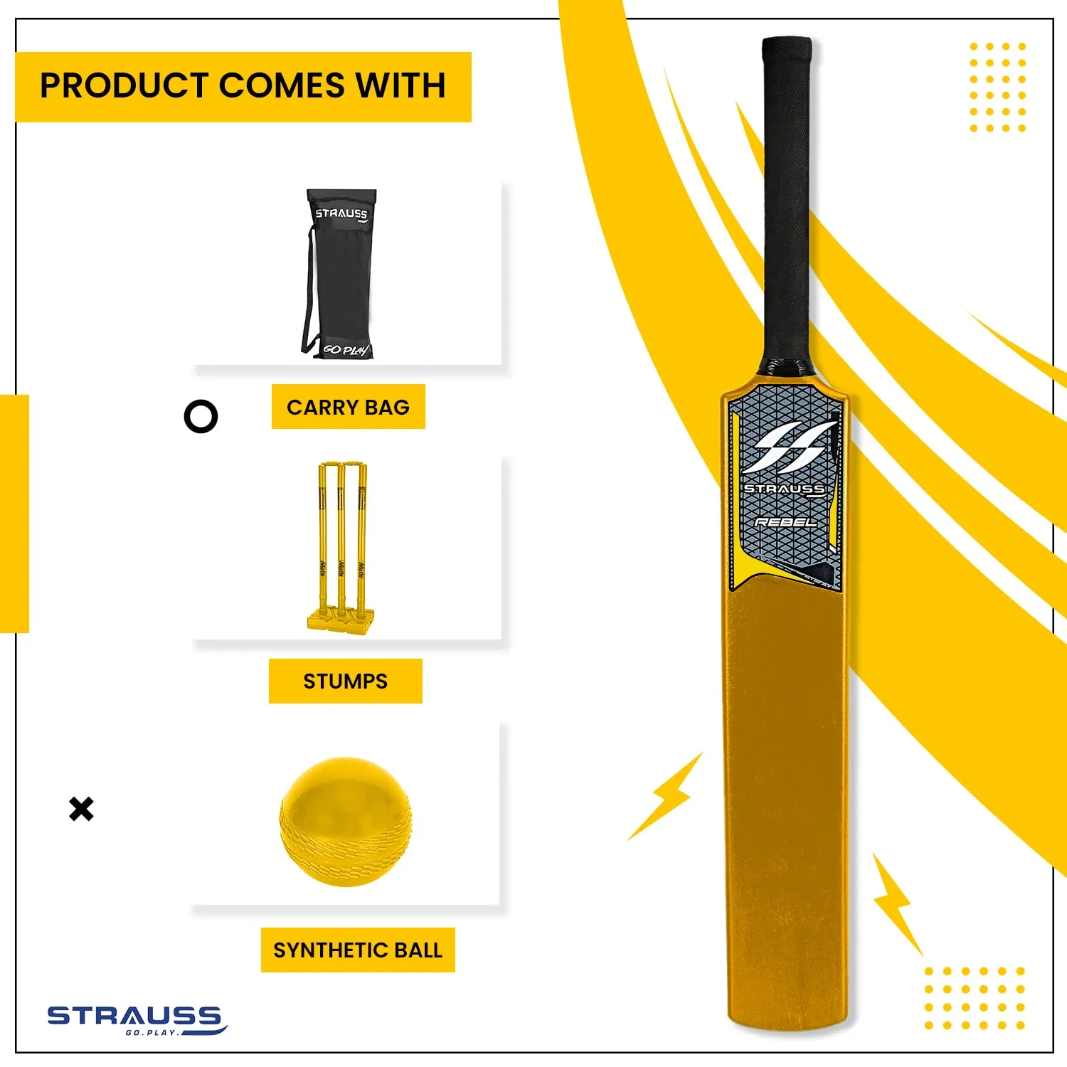 Strauss Cricket Combo Kit Set | Plastic/PVC Cricket Kit Set | Full Size | 1 Bat   1 Ball   3 Stumps   2 Bails   1 Base | Color: Golden Yellow | For All Age Groups | Tennis & Synthetic Ball Cricket Kit