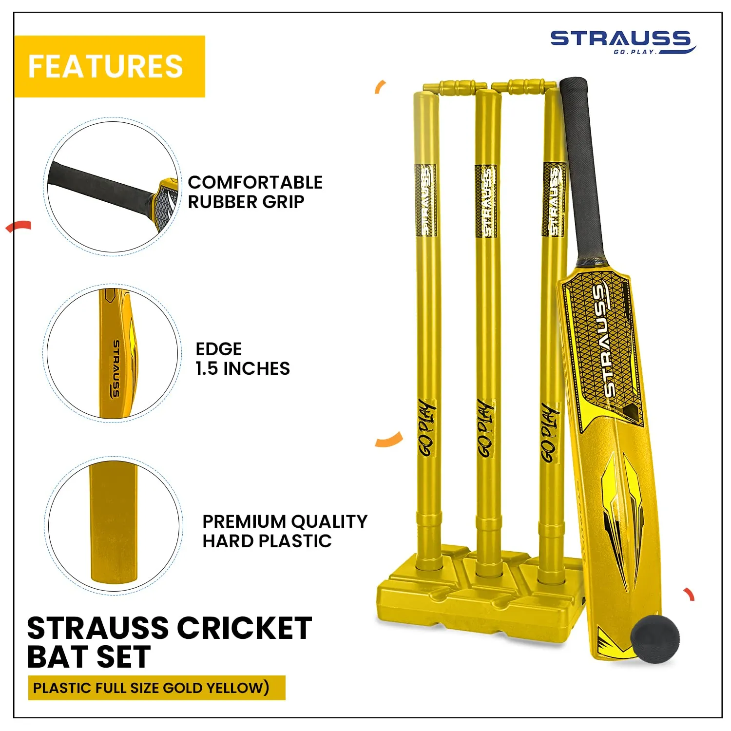 Strauss Cricket Combo Kit Set | Plastic/PVC Cricket Kit Set | Full Size | 1 Bat   1 Ball   3 Stumps   2 Bails   1 Base | Color: Golden Yellow | For All Age Groups | Tennis & Synthetic Ball Cricket Kit