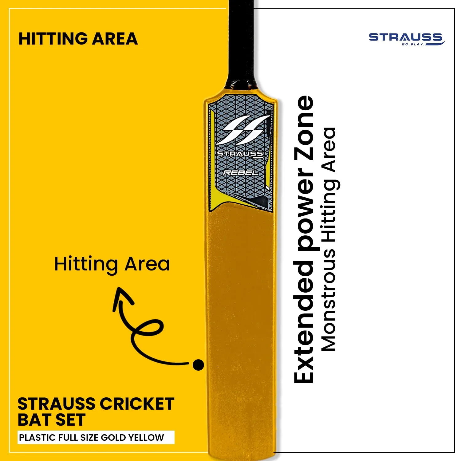 Strauss Cricket Combo Kit Set | Plastic/PVC Cricket Kit Set | Full Size | 1 Bat   1 Ball   3 Stumps   2 Bails   1 Base | Color: Golden Yellow | For All Age Groups | Tennis & Synthetic Ball Cricket Kit